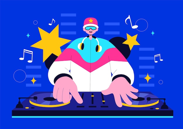 ナイトクラブパーティーでのナイトクラブライフスタイルで,ヘッドフォンをかぶった若いミュージシャンがターンテーブルで音楽をミックスしているDJベクトルイラストレーション