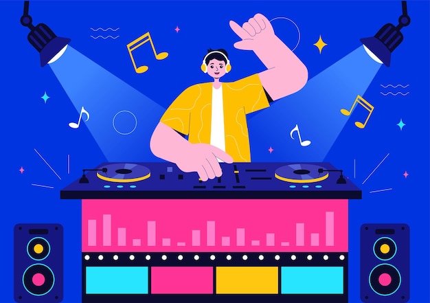 DJ 矢量插圖,描繪一名戴耳機的年輕音樂家,在旋上混音音樂,夜總會生活方式,夜總会派對