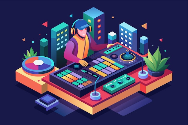 Vector a dj wearing headphones mixes music in front of a cityscape backdrop a minimalist illustration of a smartphone with geometric shapes