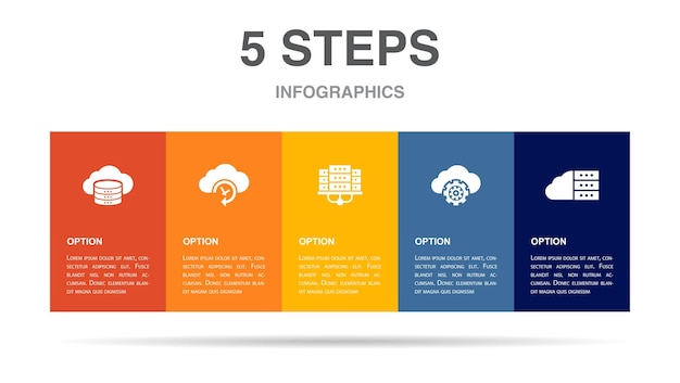 Icone della privacy per la gestione del sistema dati dms modello di layout di progettazione infografica concetto di presentazione creativa con 5 passaggi