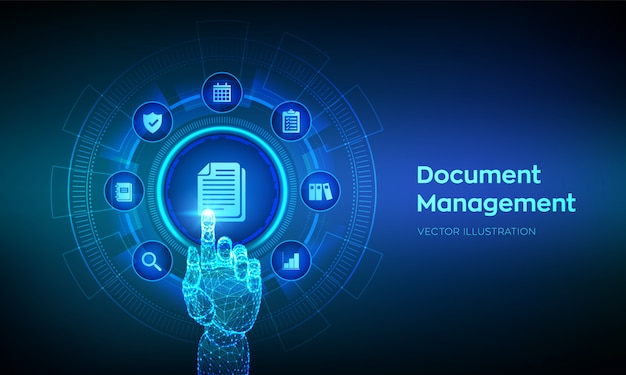 DMS. Document Management Data System concept on virtual screen. Robotic hand touching digital interface.