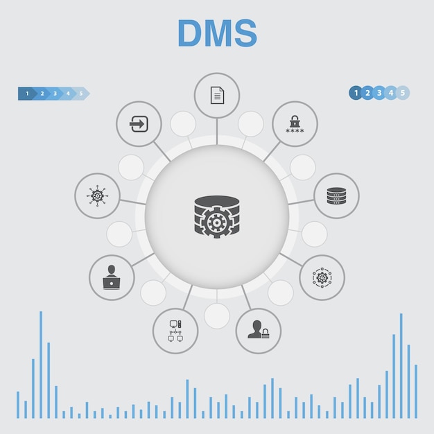 DMS-infographic met pictogrammen. Bevat pictogrammen als systeem, beheer, privacy, wachtwoord