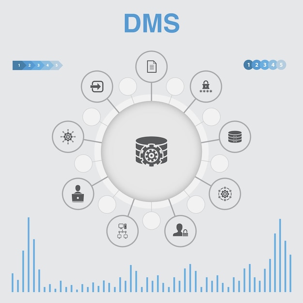 Dms-infographic met pictogrammen. bevat pictogrammen als systeem, beheer, privacy, wachtwoord