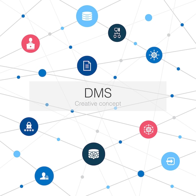 DMS trendy websjabloon met eenvoudige pictogrammen. Bevat elementen als systeem, beheer, privacy, wachtwoord