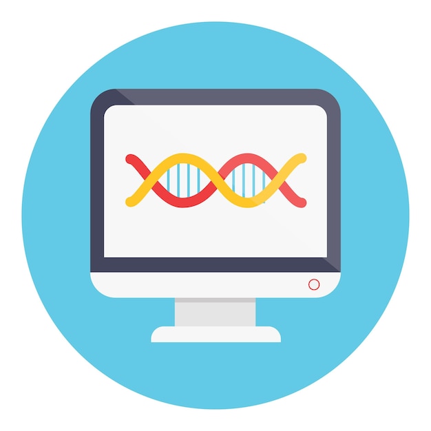 Dna sul monitor del computer icona del vettore di analisi del test genetico in cerchio isolato su sfondo bianco