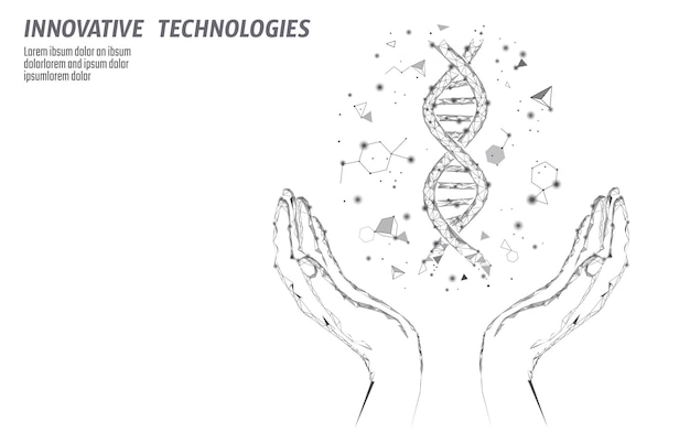 Vettore dna d struttura chimica della molecola mani basse poli triangolo poligonale linea puntata parte cellulare sana