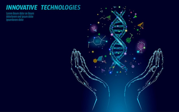 DNA d chemische molecule structuur handen laag poly veelhoekige driehoek puntlijn gezonde cel deel