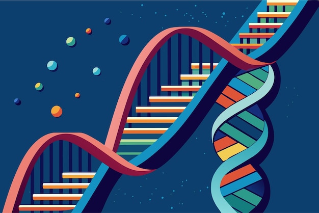 A DNA double helix morphs into a staircase symbolizing the journey of genetic research