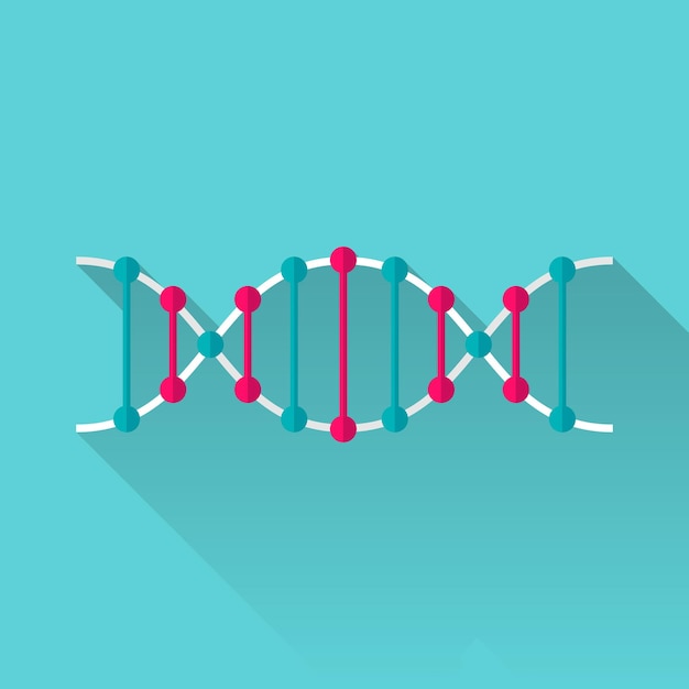 벡터 파란색 배경에 긴 그림자 색상 기호가 있는 dna 플랫 아이콘