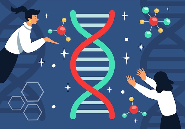 DNA-gen-erfenis biologie wetenschap Vrouw en man die het genoom vasthouden en verkennen ontdekking van geneeskunde Wetenschappelijk laboratoriumonderzoek en moleculaire analyse Vector netjes illustratieconcept
