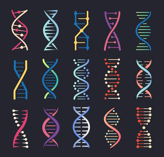 Icone dell'elica del dna insieme del logo della catena del cromosoma del codice genetico umano della struttura della molecola a spirale del gene