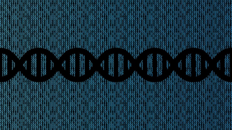 Vector dna-helix met binaire code op blauwe achtergrond vectorillustratie