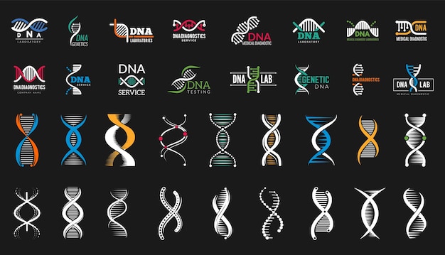 Dna icons medical genetic lab science labels and biotechnology research symbols people health vector elements