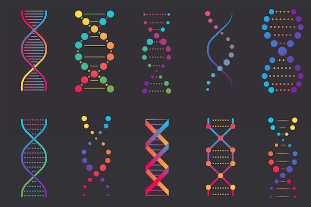 Vettore set di icone del dna elementi di segno genetico e collezione di icone molecola a spirale vettore di biotecnologia medica