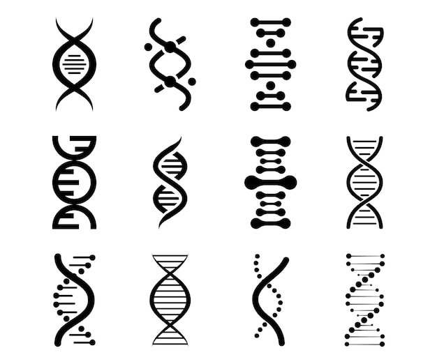 DNA アイコン要素のベクトルを設定 DNA 生命遺伝子モデル バイオ コード遺伝学分子医療シンボル構造分子染色体アイコン ピクトグラム Dna 遺伝的記号要素とアイコンのコレクション