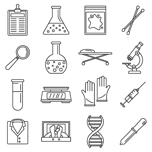 Dna investigation laboratory icons set
