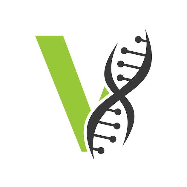 Logo del dna sulla lettera v modello vettoriale per il simbolo dell'assistenza sanitaria