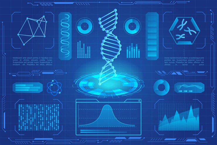Vector dna modern neon light hologram, microbiology, genetic biotechnology, dna data graphs, charts