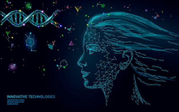 DNA 분자 처리 화장품 본질 3D. 낮은 폴리 여성 얼굴 다각형 의료 미용 관리.