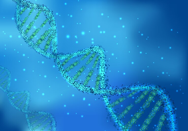 Vector dna molecules on sciences on blue background