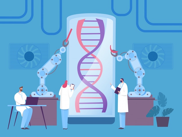 Vettore concetto del robot di ricerca del dna, esperimento biologico moderno, illustrazione. l'uomo e la donna, lo scienziato esaminano la parte dell'organismo.