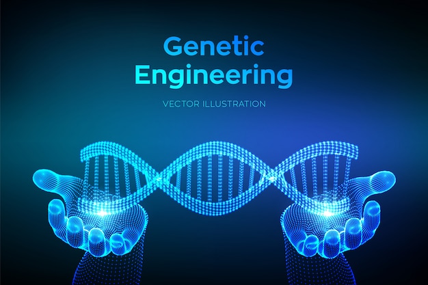 Dna sequence in hands. wireframe dna molecules structure mesh. dna code editable template. science and technology concept.