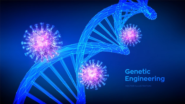 Dna-sequentie en covid-19-infectie viruscellen. abstracte nieuwe coronavirus 2019-ncov-bacteriën. laag polygonale dna-moleculen structureren mesh.