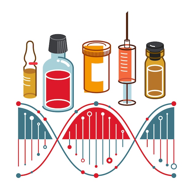 Vettore composizione tematica medica basata su filamenti di dna con un sacco di farmaci e farmaci diversi illustrazione vettoriale farmacia isolata o biotecnologia medica ricerca scientifica