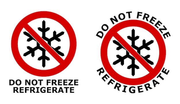 凍結しないでください、サインを冷蔵してください。赤い十字の円に黒い雪片のシンボル。下とアイコンの周りにテキストがあるバージョン。