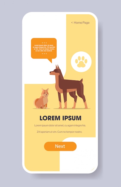 도베르만과 시바 이누 개 인간 친구 애완 동물 웹 사이트 또는 온라인 상점 만화 동물 스마트 폰 화면 모바일 앱 수직
