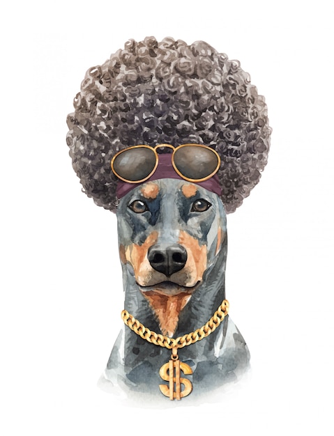 Vector doberman dog watercolor with afro hair.