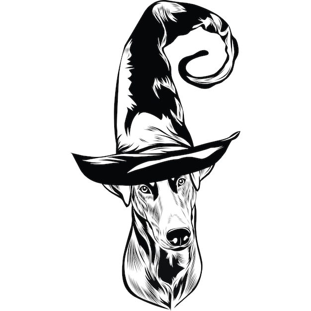 Doberman hond in heksenhoed voor halloween