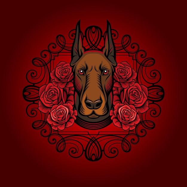 Vettore doberman con illustrazione vettoriale di rose rosse schizzo del tatuaggio della testa del cane