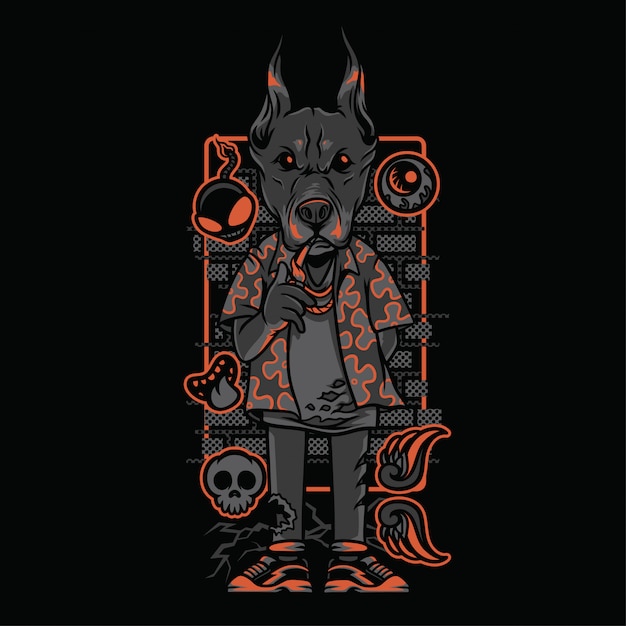 Dobermann Neon grijswaarden illustratie