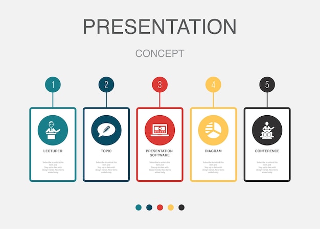 Docent onderwerp presentatie software diagram Conferentie pictogrammen Infographic ontwerp lay-out sjabloon Creatief presentatieconcept met 5 stappen