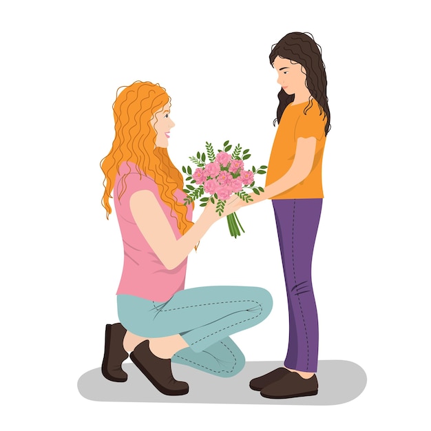 Vector dochter geeft bloemen aan moeder