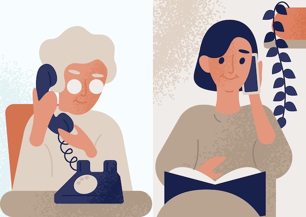 Dochter praat met haar bejaarde moeder of oma aan de telefoon. Familie ver gesprek, dialoog. Vrouwen communiceren via de telefoon. Kleurrijke vectorillustratie in platte cartoon stijl.