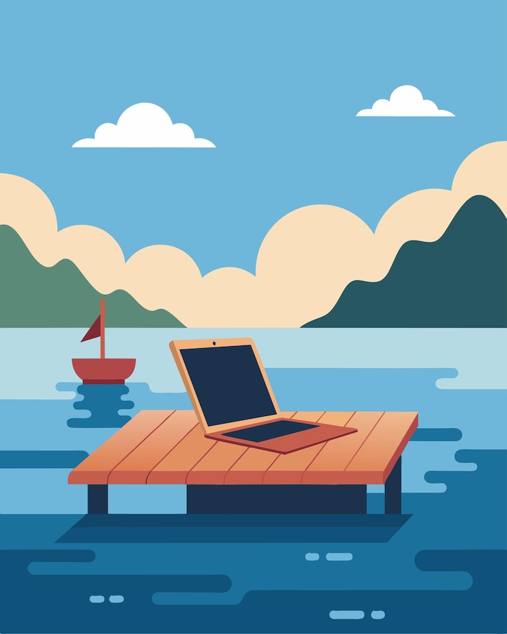 Vector the dock creaks softly under the weight of a laptop the owner enjoying a peaceful moment of