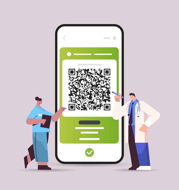 Medici che utilizzano passaporto di immunità digitale con codice qr sullo schermo dello smartphone senza rischi di pandemia covid-19