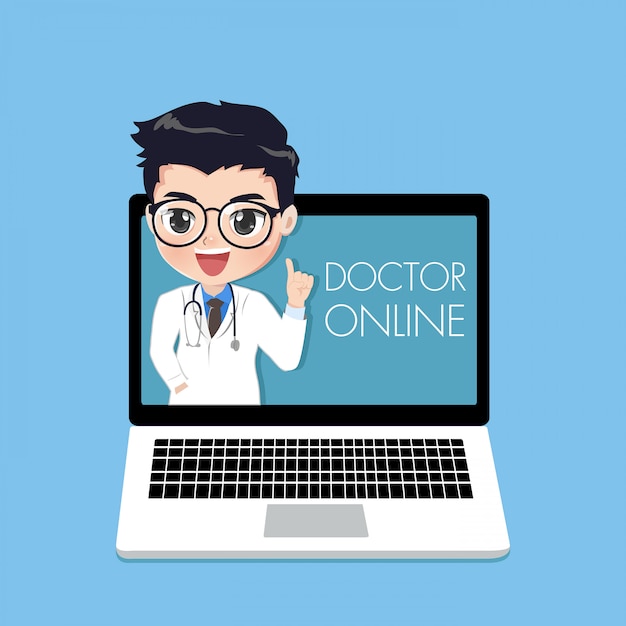 Il medico consiglia i pazienti attraverso canali online o social media con una giovane donna che emerge dallo schermo del laptop.