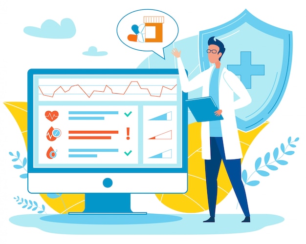 Vettore pillole del dottore analyzing indicators e di prescrizione.