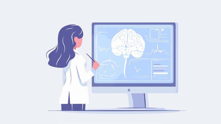 Vector doctor analyzing brain scans on computer monitor