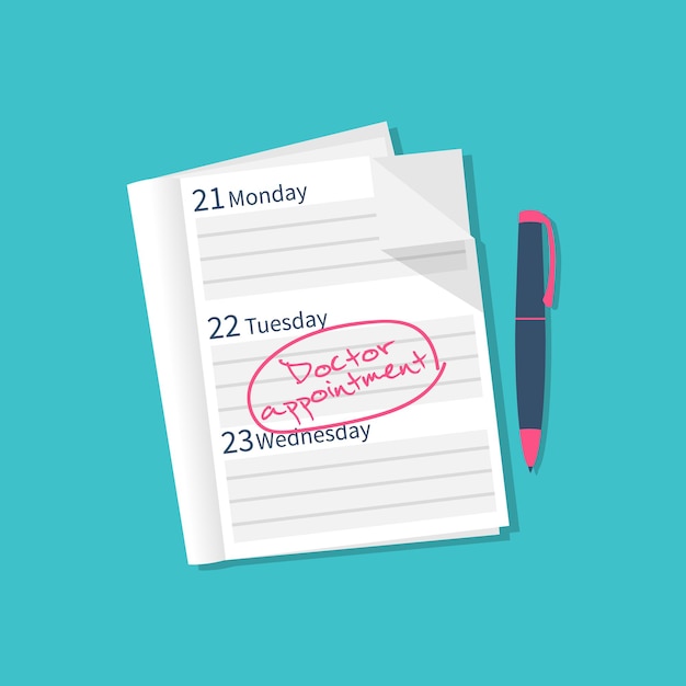 doctor appointment. medical concept. vector illustration flat design. isolated on background. remind reminder in daily calendar about a visit to the doctor. take note. notebook and pen.