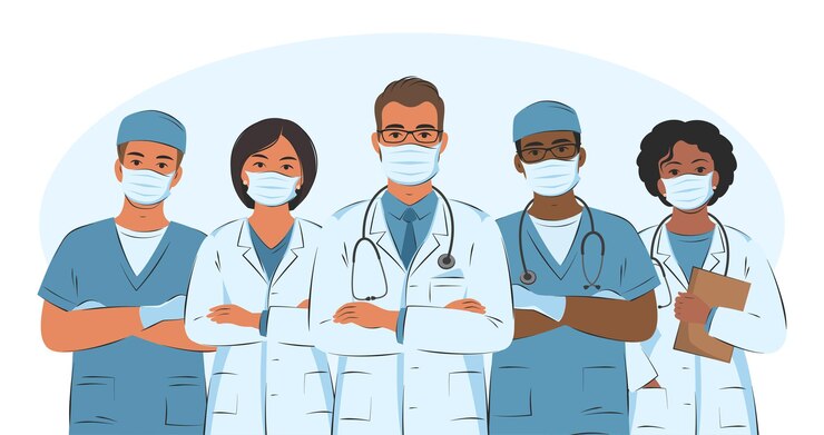 Vector doctor and assistant nurses and medical helping group hospital team