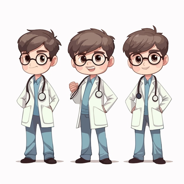 Мальчик-доктор в медицинском снаряжении, векторный мультфильм, маленький ребенок с несколькими позами.