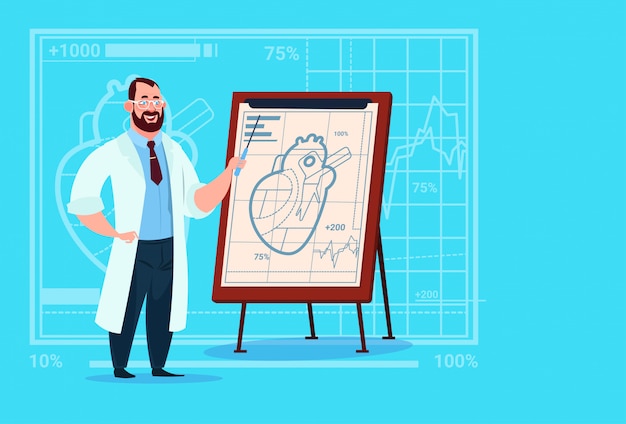 Doctor cardiologist over flip chart with heart medical clinics worker hospital