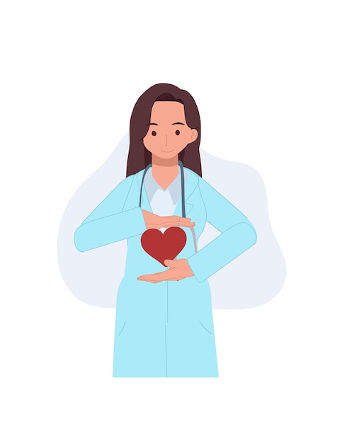医師の心臓病専門医と健康な心臓のコンセプト女性の医学博士が立って、心臓を手に持っている