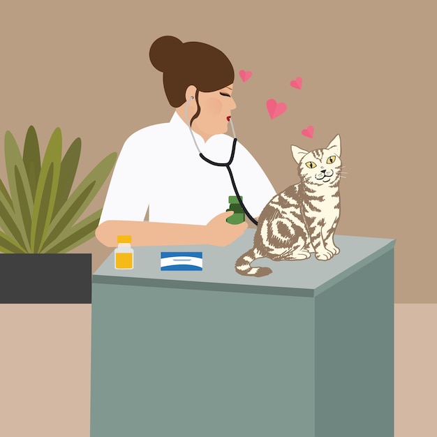 врач-ветеринарный врач- медсестра, осматривающая кошек