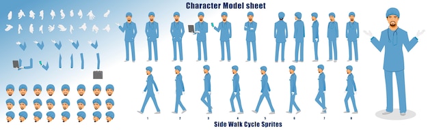 Doctor Character Model sheet with Walk cycle Animation Sequence 