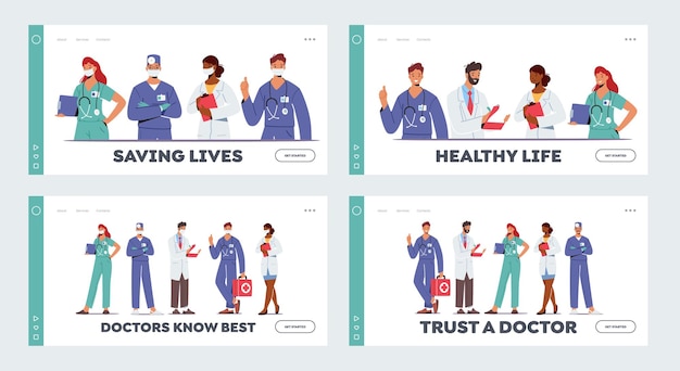 Doctor characters in medical robe in row landing page template